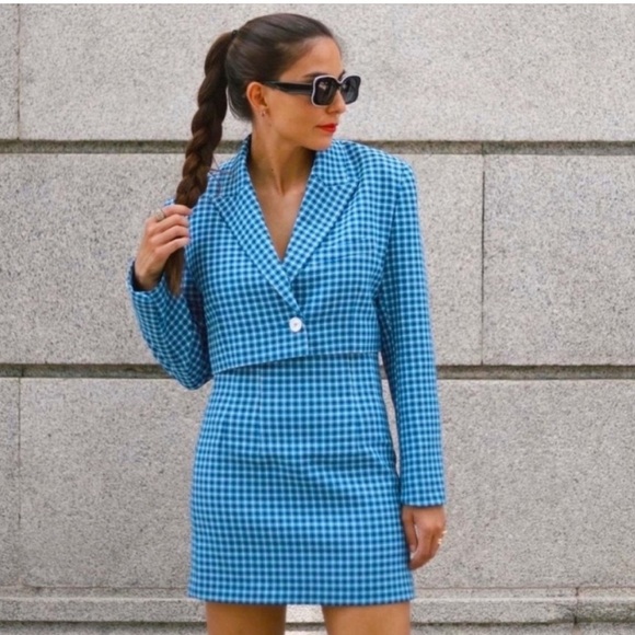 Zara Blogger Favorite Cropped Blue Plaid Blazer Women’s Size Medium - Picture 3 of 12